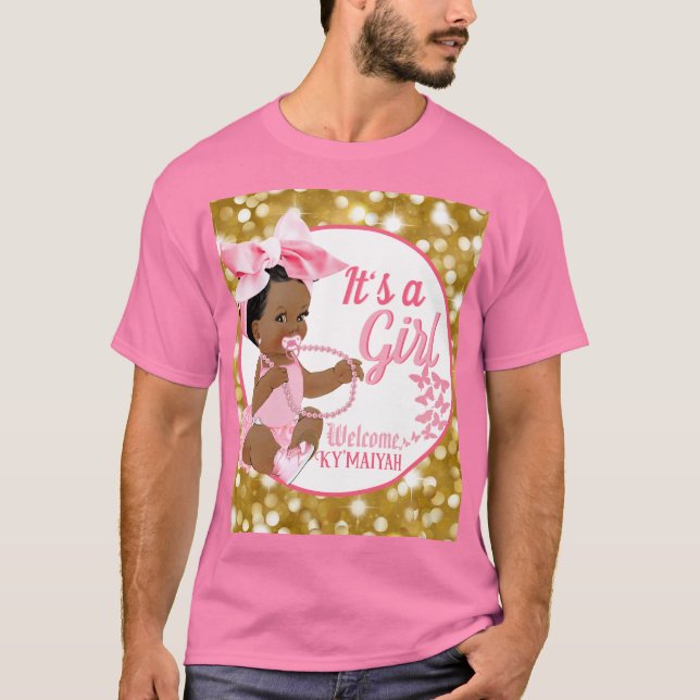T-shirt C'est un Baby shower ethnique de fille rose et or (Devant)