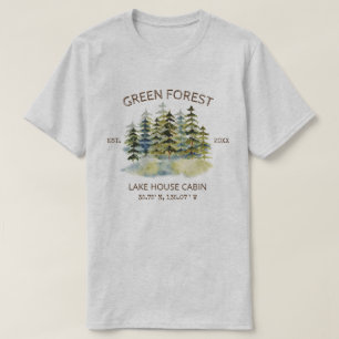 T-shirt Chalet de lodge aquarelle verte forêt brumeuse vin