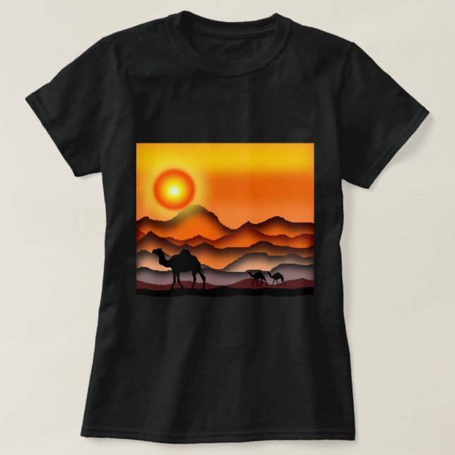 T-shirt chameaux beau coucher de soleil désert (Design devant)