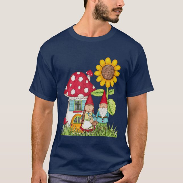 T-shirt Champignon Gnome Couple Accueil Tournesol Unisex (Devant)
