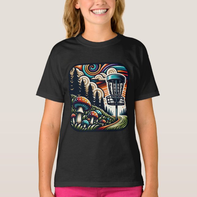 T-shirt Champignons Rétro et Parcours de Disc Golf Ai Art (Devant)