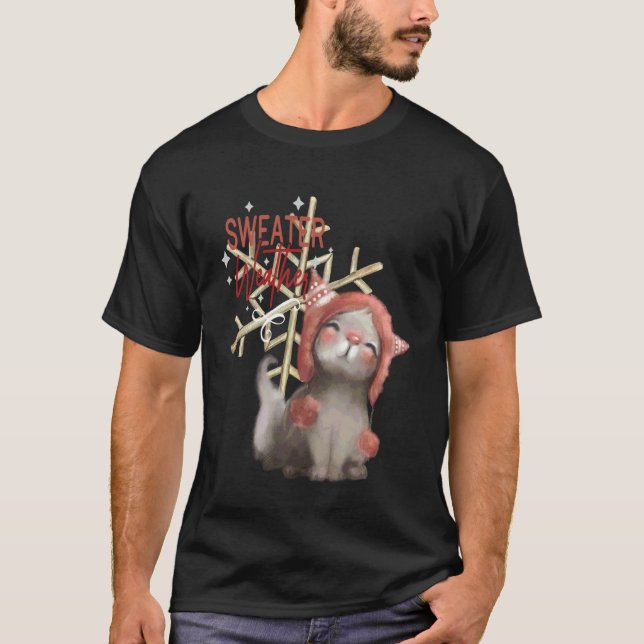 T-shirt Chandail Adorable Chat temps Beanie flocon de neig (Devant)