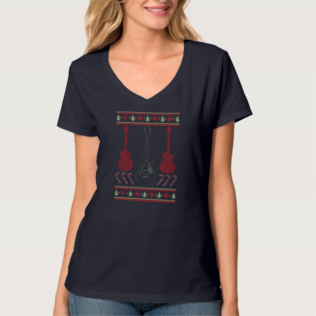 T-shirt Chandail de Noël moche de guitare électrique (Devant)
