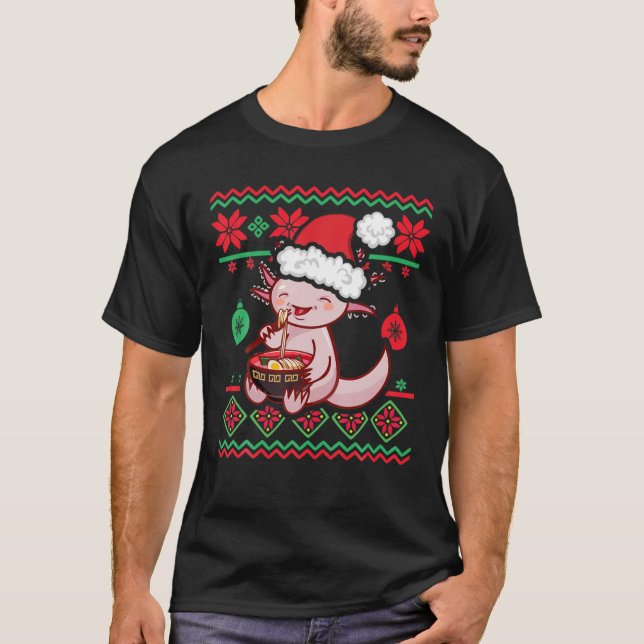 T-shirt Chandail de Noël moche Kawaii Anime Axolotl Manger (Devant)