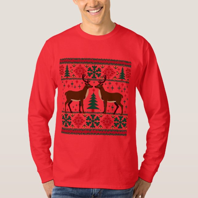 T-shirt Chandail de Noël Reindeer Long Manches (Devant)
