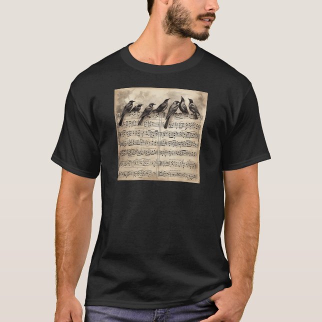 T-shirt chant d'oiseaux assis sur une composition musicale (Devant)