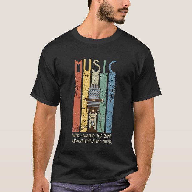 T-shirt Chanteurs Microphone Retro Stripes Noir (Devant)