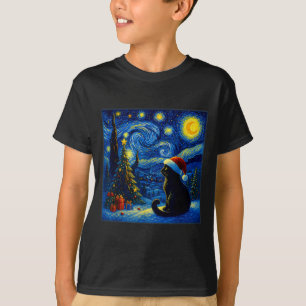 T-shirt Chapeau de Père Noël Chat Noir Van Gogh Nuit Étoil