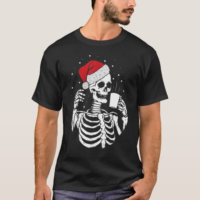 T-shirt Chapeau de Père Noël squelette buvant du café Noël (Devant)