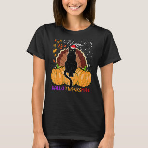 T-shirt Chapeau de Santa Chat Noir Happy Hallothanksmas Ci