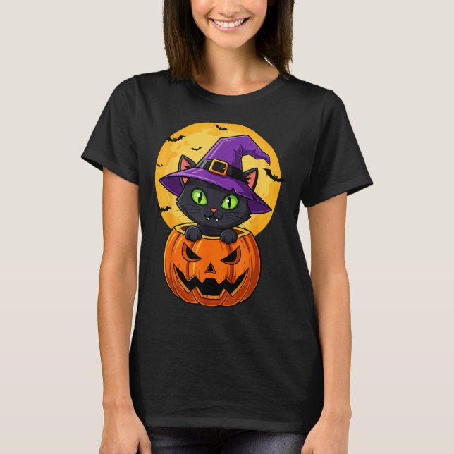 T-shirt Chapeau de sorcière chat noir mignon dans citrouil (Devant)