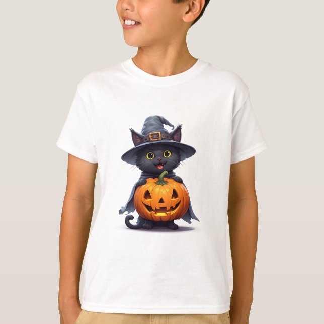 T-shirt Chapeau de sorcière de chat noir Citrouille Décora (Devant)