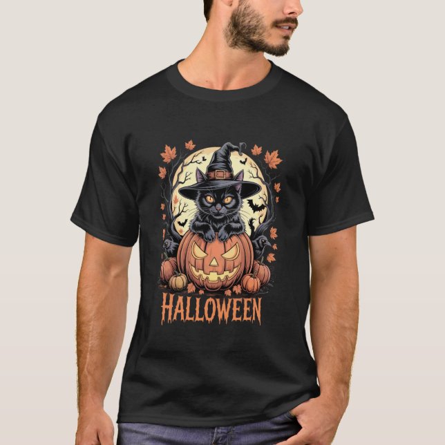 T-shirt Chapeau de sorcière de chat noir effrayant Citroui (Devant)