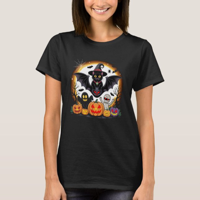 T-shirt Chapeau de sorcière de chat noir effrayant d'Hallo (Devant)