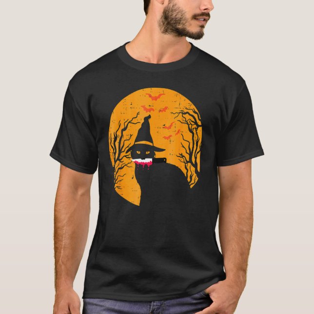 T-shirt Chapeau de sorcière de chat noir effrayant et lune (Devant)