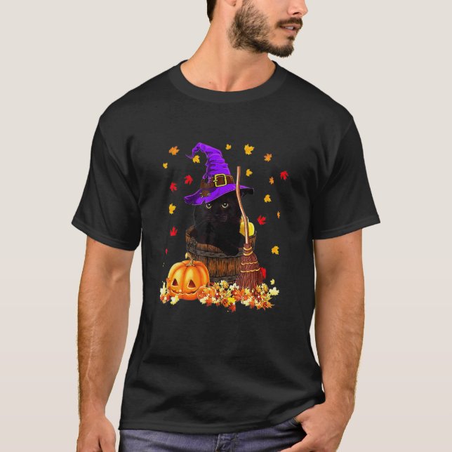 T-shirt Chapeau de sorcière de chat noir effrayant Hallowe (Devant)