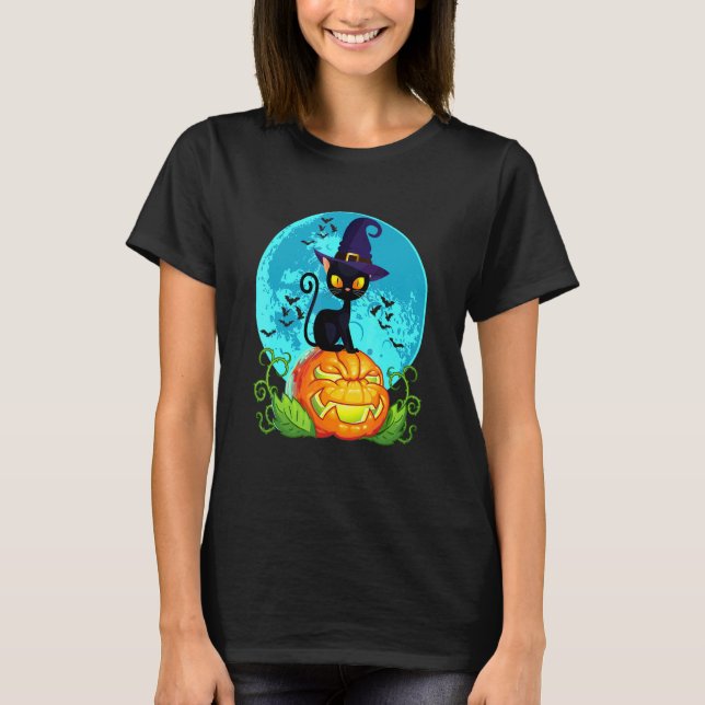 T-shirt Chapeau de sorcière de chat noir Halloween mignon  (Devant)