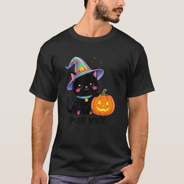 T-shirt Chapeau de sorcière de chat noir Halloween mignon  (Devant)