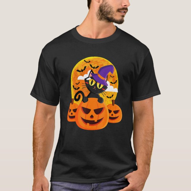 T-shirt Chapeau de sorcière de chat noir Halloween mignon  (Devant)