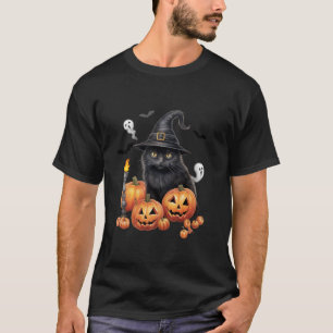 T-shirt Chapeau de sorcière de chat noir mignon Citrouille