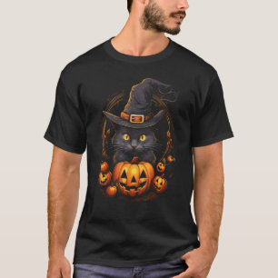 T-shirt Chapeau de sorcière de citrouille de chat noir Hal