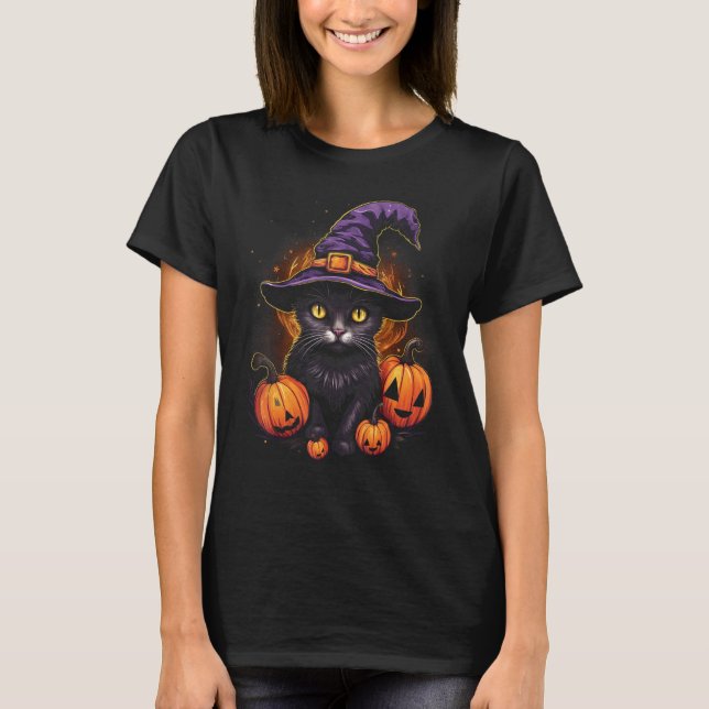 T-shirt Chapeau de sorcière de citrouille de chat noir Hal (Devant)