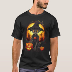 T-shirt Chapeau de sorcière de citrouille de chat noir Hal