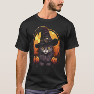 T-shirt Chapeau de sorcière de citrouille de chat noir pou