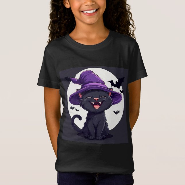 T-Shirt Chapeau de sorcière en forme de chat noir Hallowee (Devant)