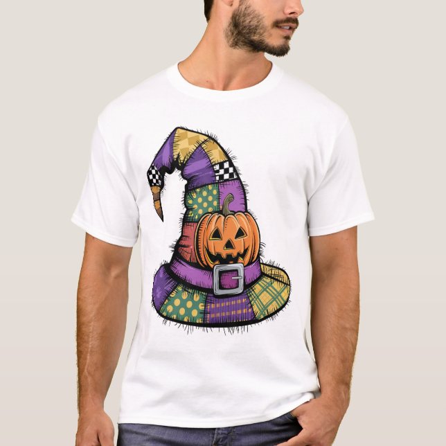 T-shirt Chapeau de sorcière en patchwork Halloween épouvan (Devant)