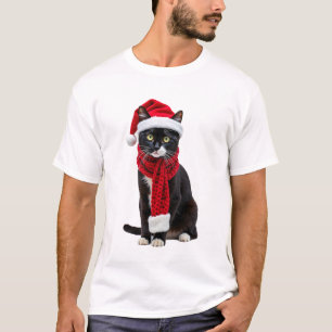 T-shirt Chapeau et écharpe de Père Noël pour chat noir de 