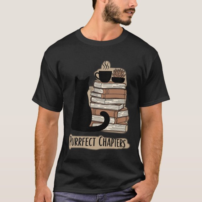 T-shirt Chapitres Parfaits : Chat Noir, Livres & Café (Devant)