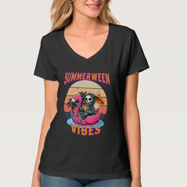 T-shirt Char de Flamant rose Summerween Vibes Grim Reaper  (Devant)