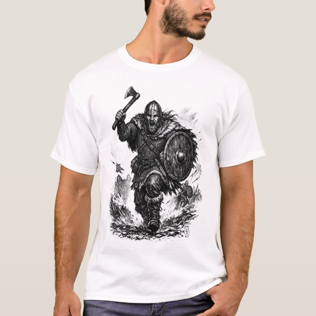 T-shirt Charge du guerrier Viking - Bataille à l'encre (Devant)