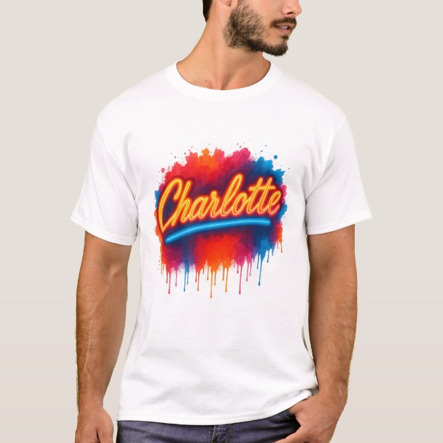 T-shirt Charlotte Neon Script - Street Art Splash Design (Devant)