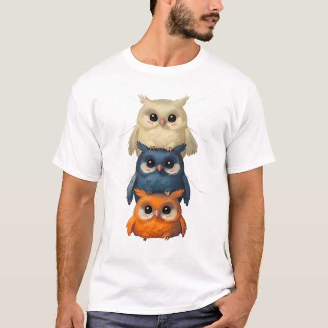 T-shirt Charmant Chouettes De Style Anime Empilées (Devant)