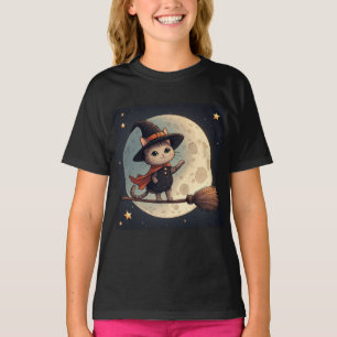 T-shirt Charmante Chat Sorcière Ciel de Halloween au Clair