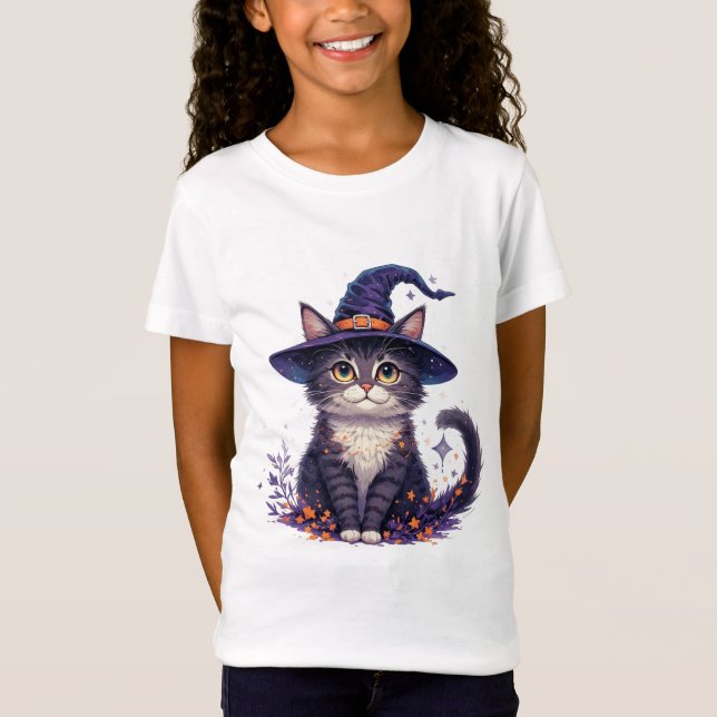 T-Shirt Charmante chatte sorcière avec des étoiles et des  (Devant)
