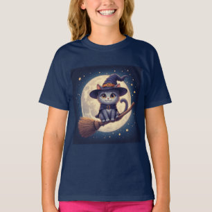 T-shirt Charmante chatte sorcière volant à travers la nuit