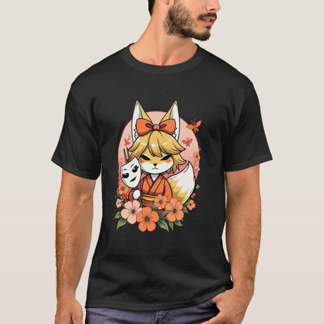 T-shirt Charme de Kitsune avec Masque et Fleurs (Devant)