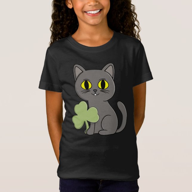 T-Shirt Charme Trèfle Shamrock Chat Gris (Devant)
