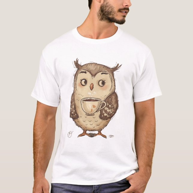 T-shirt Charming Owl with Coffee Cup Illustration (Devant)