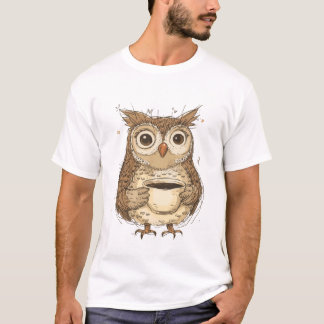 T-shirt Charming Owl with Coffee Mug Illustration