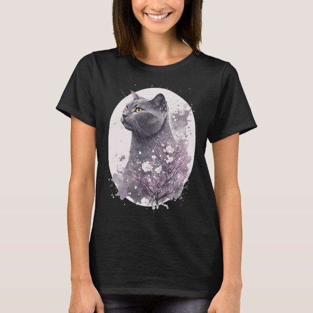 T-shirt Chartreux Cat Japanese Cherry Blossom Floral Sakur (Devant)