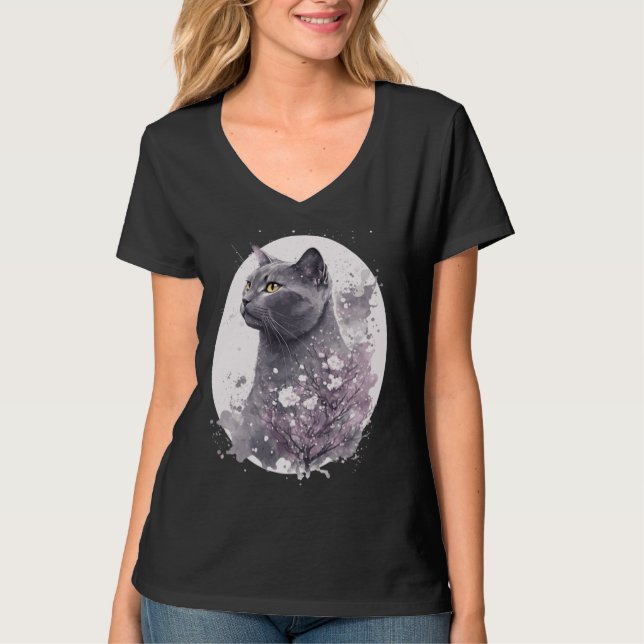 T-shirt Chartreux Cat Japanese Cherry Blossom Floral Sakur (Devant)
