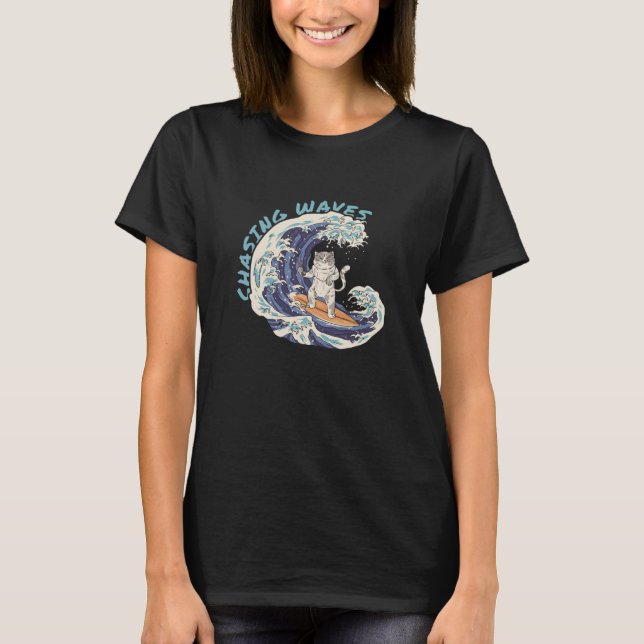 T-shirt Chasing Waves Surfing Cat Cool Surfer Beach  1 (Devant)