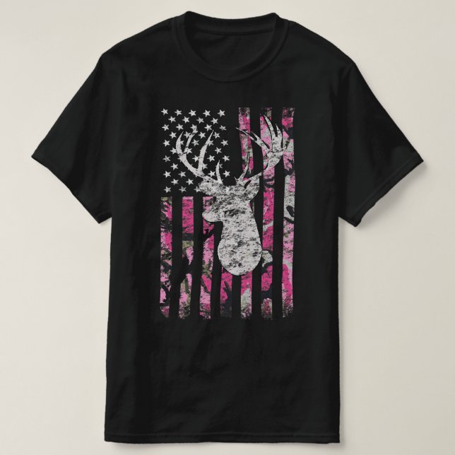 T-shirt Chasse aux cerfs Camo Drapeau américain Pink Buck (Design devant)