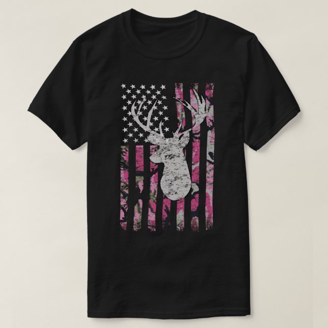 T-shirt Chasse aux cerfs Camo rose Camouflage drapeau amér (Design devant)