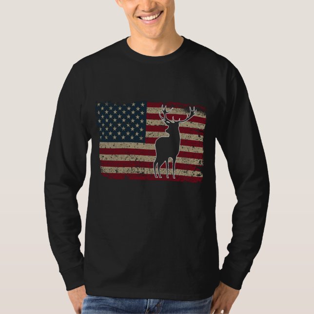 T-shirt Chasse aux cerfs Drapeau américain USA Fier chasse (Devant)