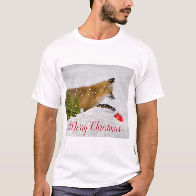T-shirt Chasse Renard Rouge Ornement de Noël en Neige (Devant)